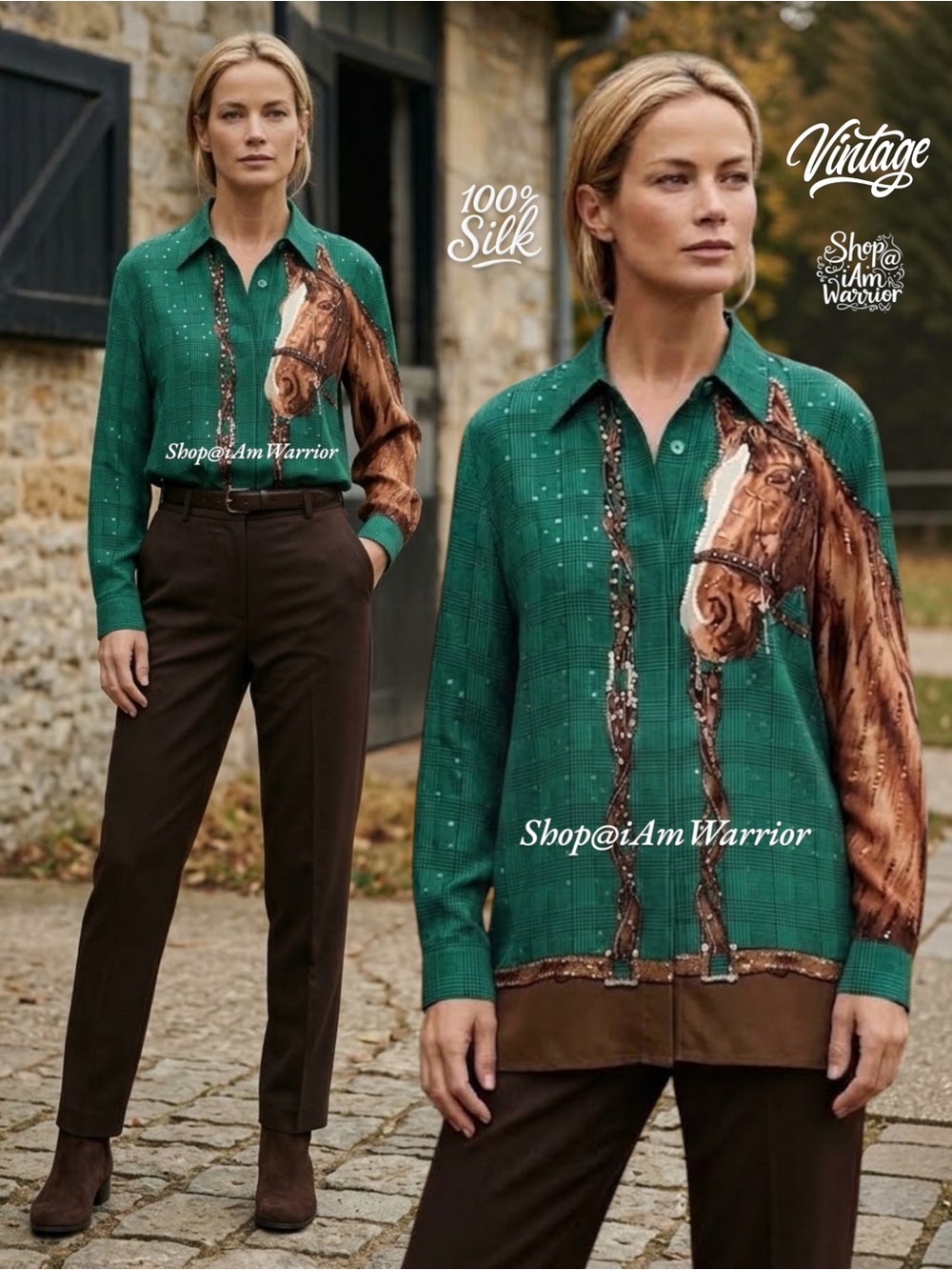 Vintage 100% Silk Equestrian Horse Print Sequin Teal Blouse *shop@iamwarrior